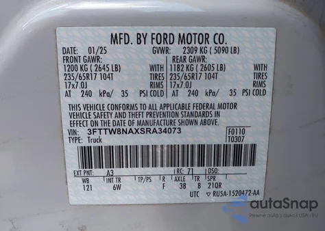 2025 Ford Maverick Tremor z USA, uszkodzony, nr VIN 3FTTW8NAXSRA34073